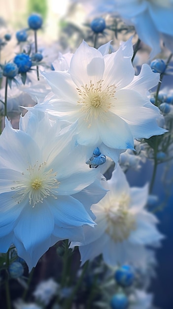 há muitas flores brancas em um vaso com flores azuis generativas ai