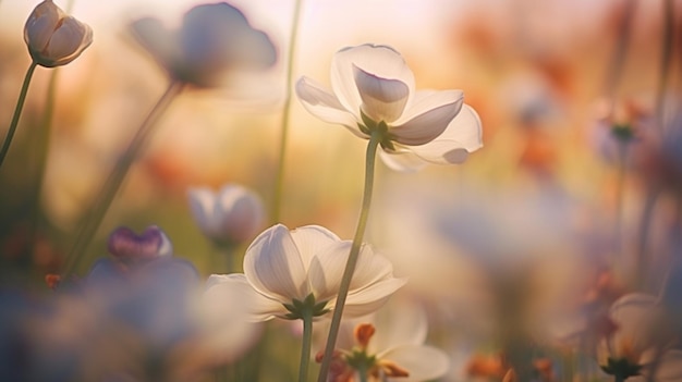 Há muitas flores brancas no campo com o sol brilhando generativo ai