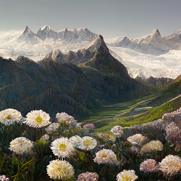 Há muitas flores brancas no primeiro plano de uma cordilheira generativa ai