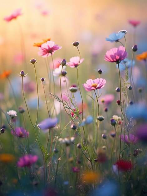 Há muitas flores de cores diferentes em um campo de grama generativa ai