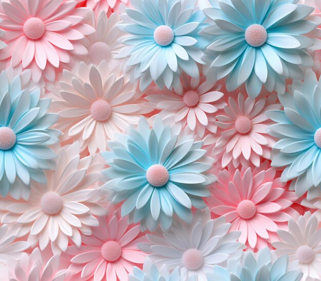 Foto há muitas flores de cores diferentes em um fundo rosa e azul generativo ai