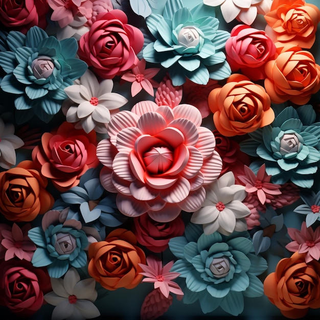 há muitas flores de papel de cores diferentes em uma parede generativa ai