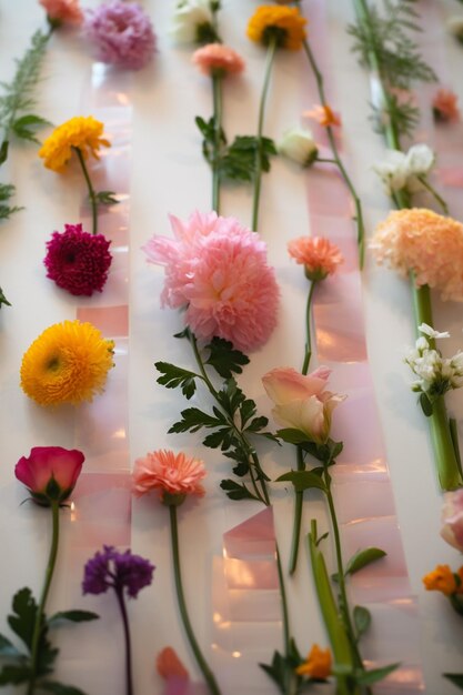 Foto há muitas flores diferentes dispostas em uma mesa com um pano de mesa quadradinho generativo ai
