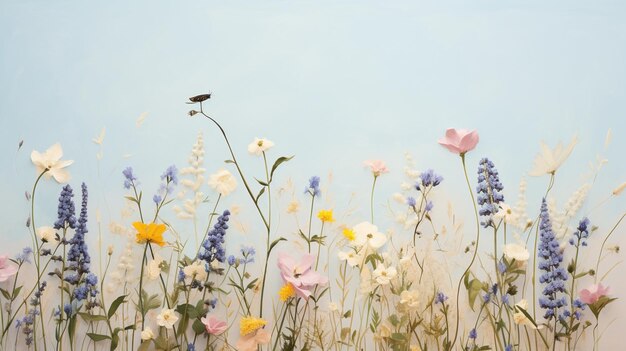 há muitas flores diferentes no campo com um céu azul no fundo generativo ai