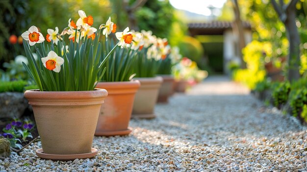 Há muitas flores em vasos que estão no caminho de cascalho generativo ai