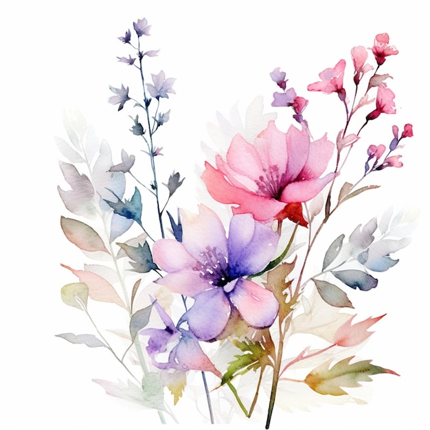 Há muitas flores que são pintadas em aquarela em um fundo branco generativo ai