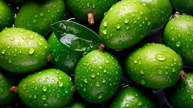 Há muitas frutas de feijoa molhadas. foco seletivo.