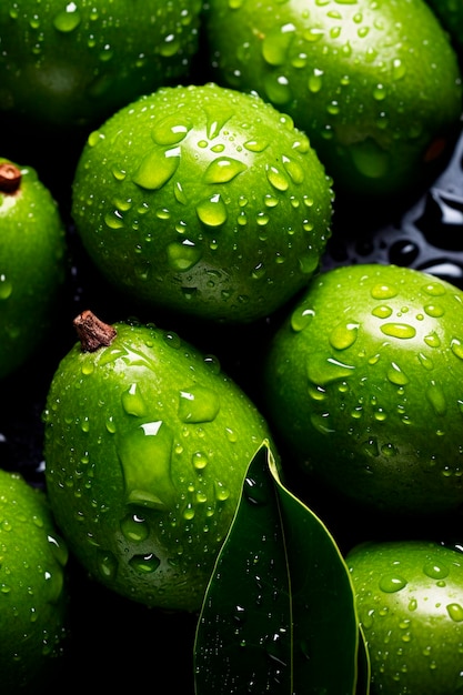 Foto há muitas frutas de feijoa molhadas. foco seletivo.