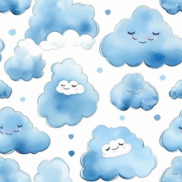 Há muitas nuvens com rostos e olhos em um fundo branco generativo ai
