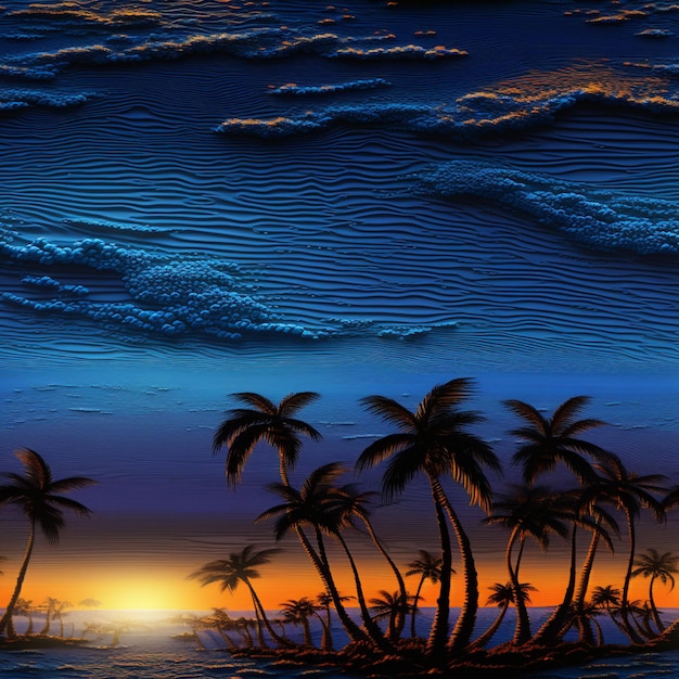 Foto há muitas palmeiras na praia ao pôr do sol.