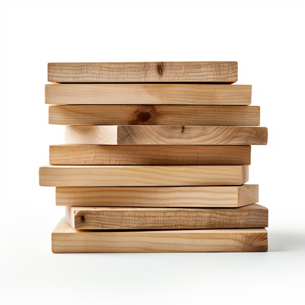 Há muitas peças de madeira empilhadas umas em cima das outras.