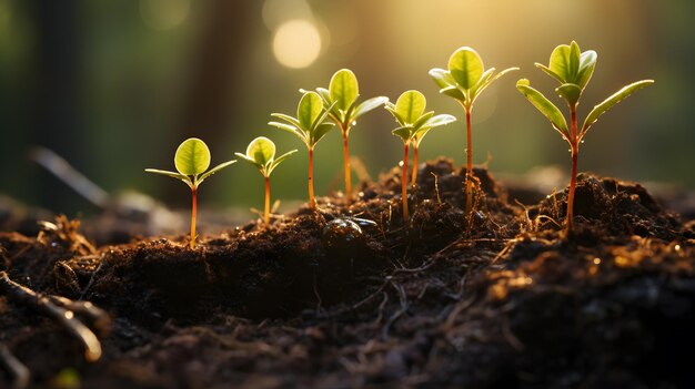 Há muitas pequenas plantas crescendo do chão. IA generativa.