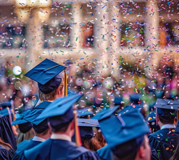 Há muitas pessoas em vestidos de formatura e chapéus em uma formatura generativa ai