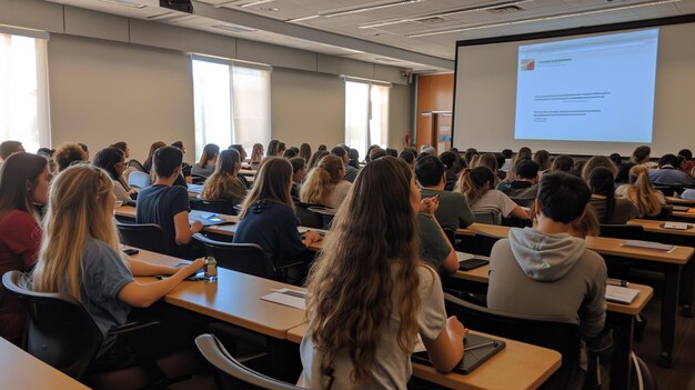 há muitas pessoas sentadas em mesas em uma sala de aula