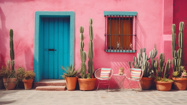 Há muitas plantas em vaso e cactos na frente de um edifício rosa generativo ai