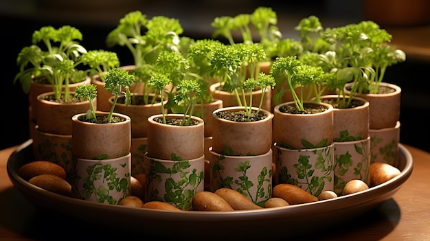 há muitas plantas pequenas em pequenos vasos em uma bandeja IA geradora