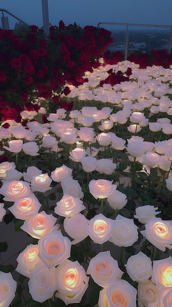 há muitas rosas brancas com luzes vermelhas e rosa no meio generativo ai