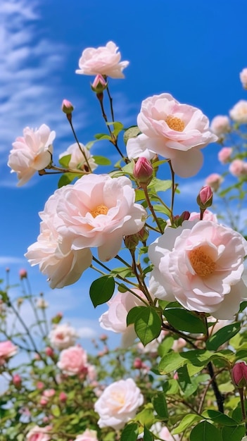 há muitas rosas cor de rosa crescendo em um campo com céu azul gerador de IA