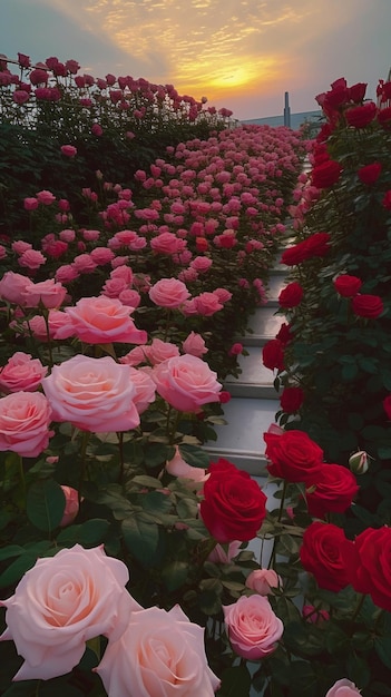 há muitas rosas cor de rosa em um campo com um pôr do sol ao fundo generative ai