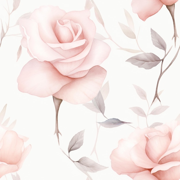 Há muitas rosas cor de rosa em um fundo branco com folhas generativas ai
