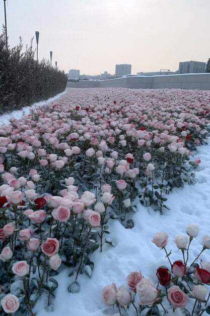 há muitas rosas cor de rosa na neve no chão ai generativa