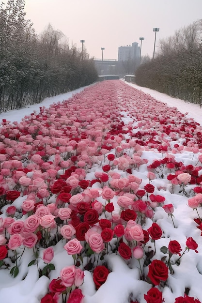 há muitas rosas cor de rosa na neve no chão ai generativa