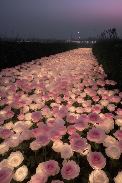 há muitas rosas cor de rosa que estão crescendo na grama generativa ai