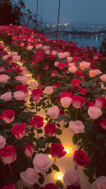 há muitas rosas cor de rosa que estão iluminadas no escuro generativo ai