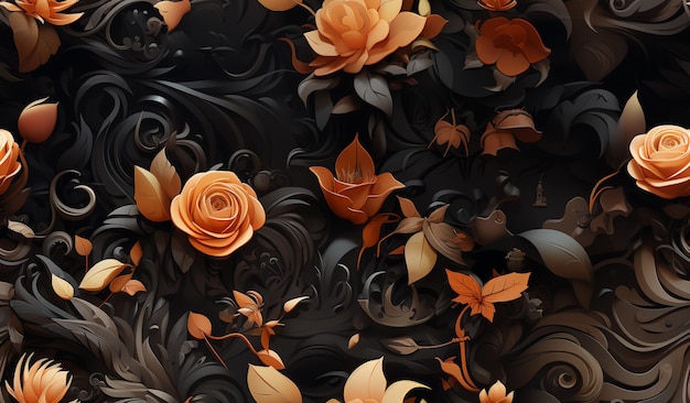 há muitas rosas laranja em um fundo preto com redemoinhos generativos ai