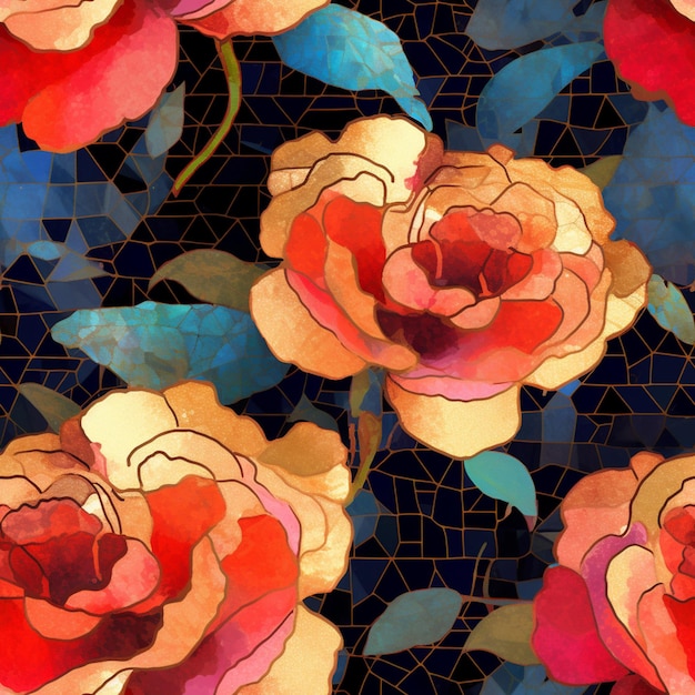 Há muitas rosas que estão em uma parede de mosaico generativa ai