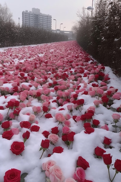 há muitas rosas vermelhas cobertas de neve geradora de IA