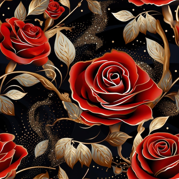 há muitas rosas vermelhas com folhas douradas em um fundo preto generativo ai