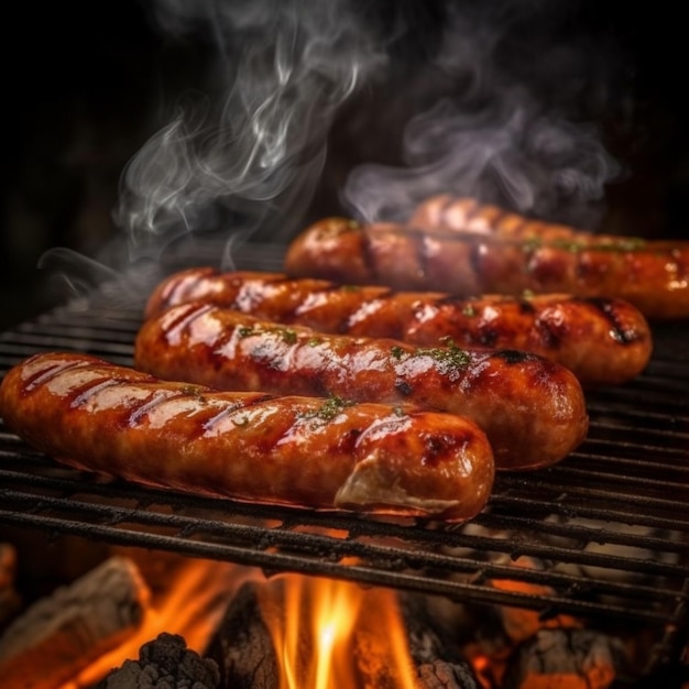 Há muitas salsichas cozinhando em uma grelha com chamas generativas ai