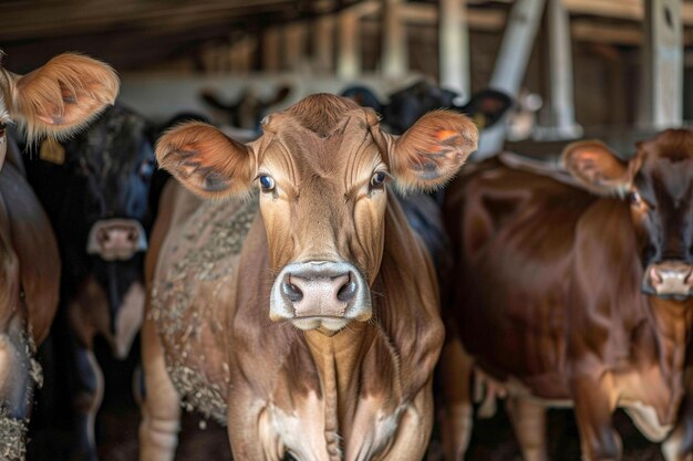 há muitas vacas de pé em um celeiro juntos generativo ai