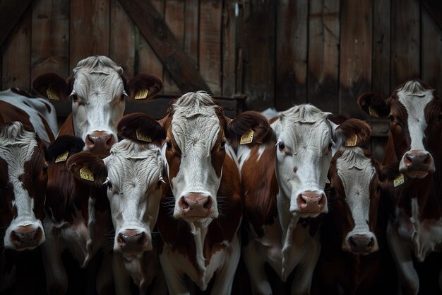 há muitas vacas de pé juntos em um celeiro juntos generativo ai