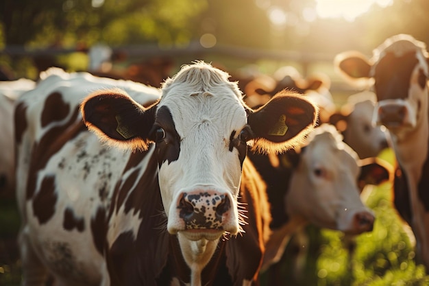 há muitas vacas que estão de pé na grama juntos generativo ai