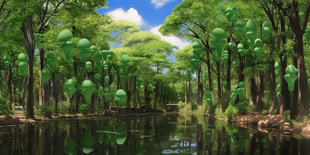 há muitos balões verdes flutuando no ar sobre um rio gerador de IA