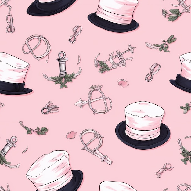 Há muitos chapéus e outros itens em um fundo rosa generativo ai