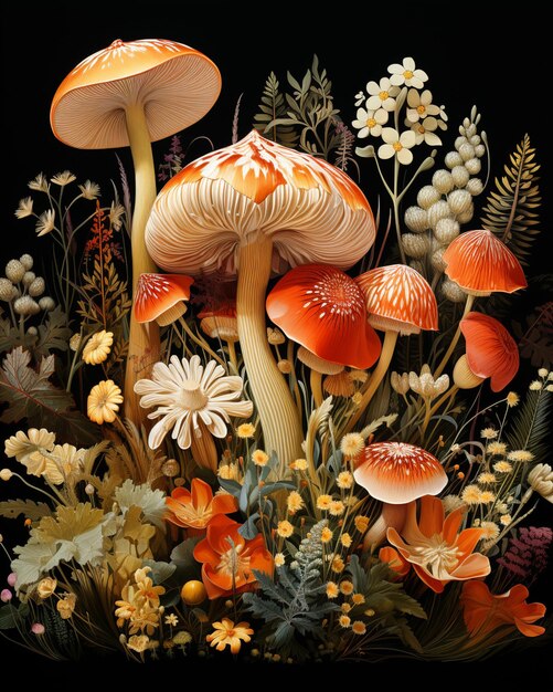 há muitos cogumelos de cores diferentes em um campo de flores generativo ai