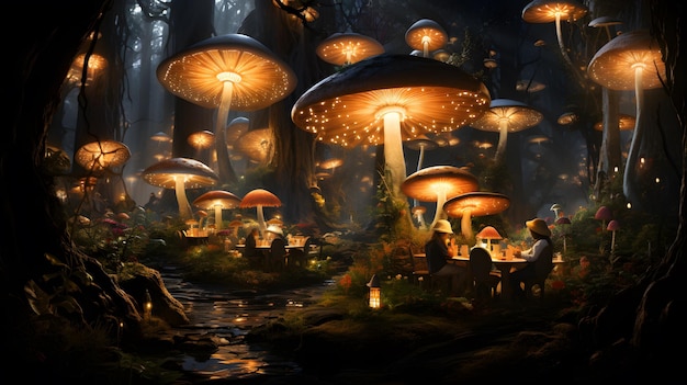 Há muitos cogumelos que estão na floresta à noite generativa ai