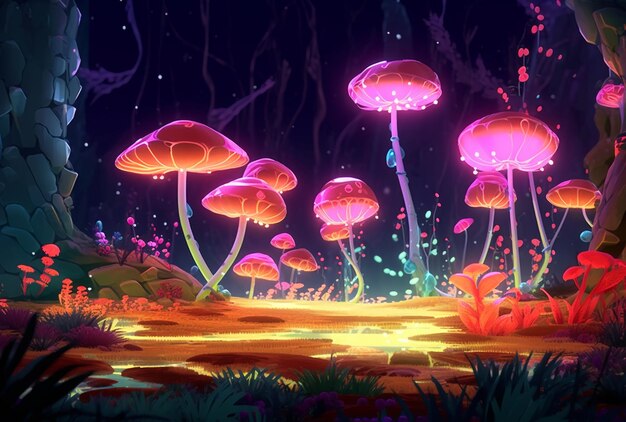 Há muitos cogumelos roxos no meio de uma floresta generativa ai