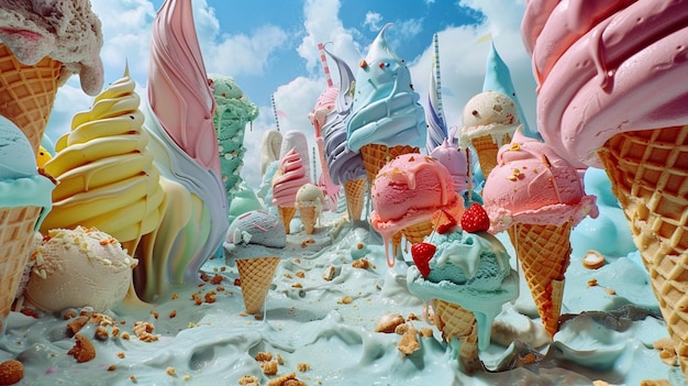 Há muitos cones de sorvete de cores diferentes em uma mesa generativa ai