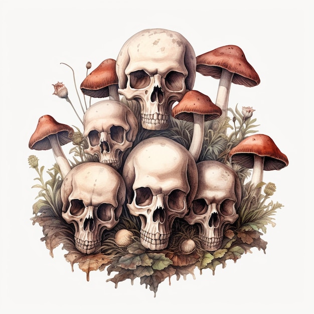 Há muitos crânios e cogumelos na grama com folhas generativas ai