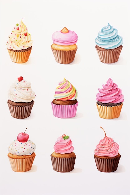 Foto há muitos cupcakes diferentes com diferentes coberturas sobre eles generativo ai