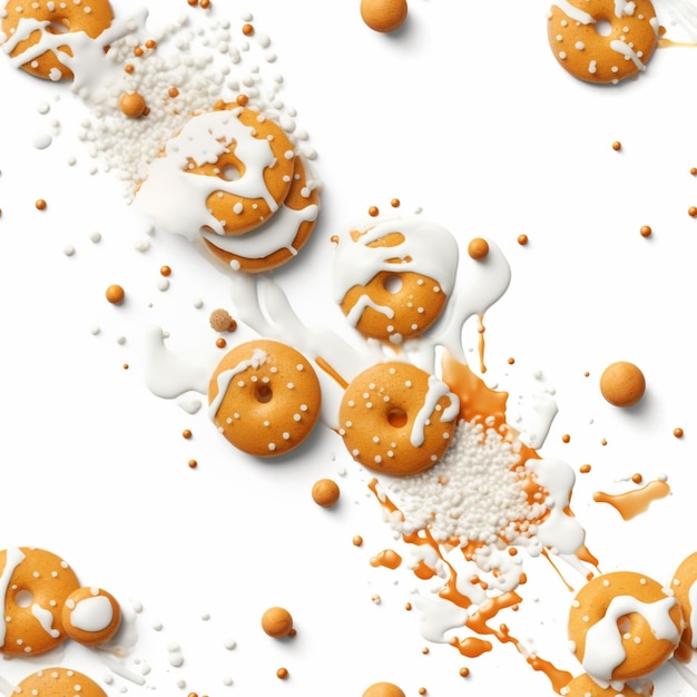 Foto há muitos donuts com glasura e salpicaduras em uma superfície branca generativa ai