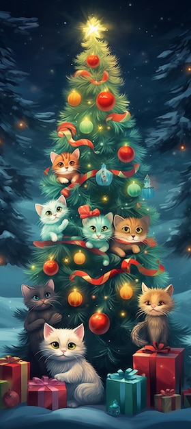 há muitos gatos sentados ao redor de uma árvore de natal com presentes generativos ai