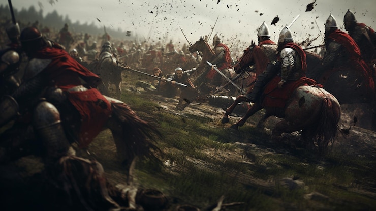 Foto há muitos homens em armadura montando cavalos em um campo generativo ai