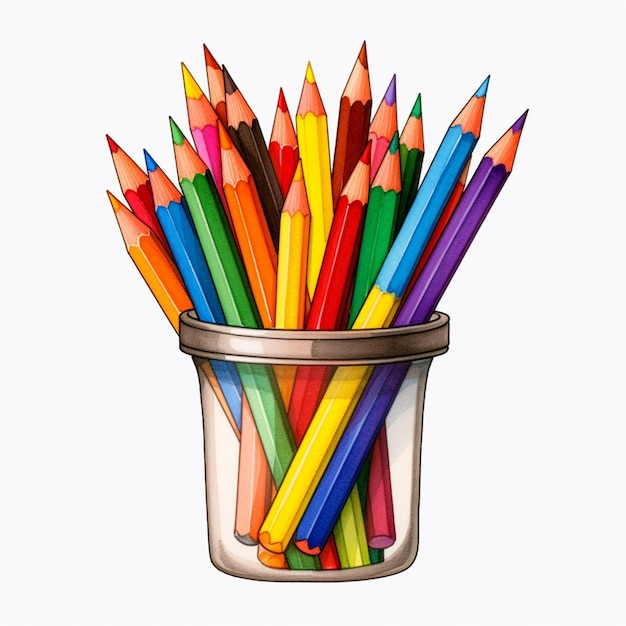 há muitos lápis de cor em um copo com fundo branco generativo ai