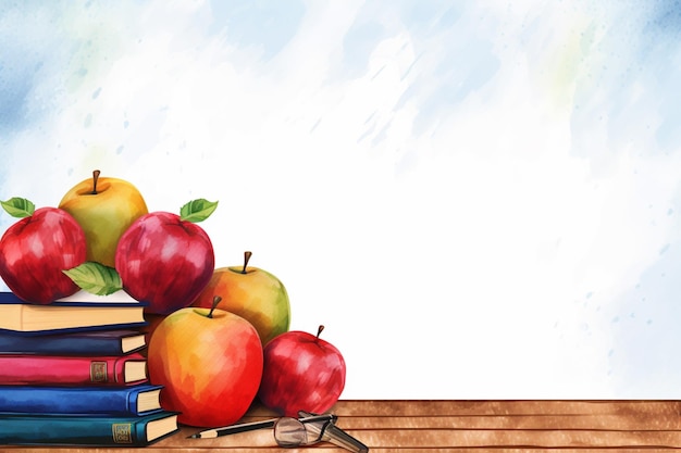 há muitos livros e maçãs em uma mesa com uma tesoura generativa ai