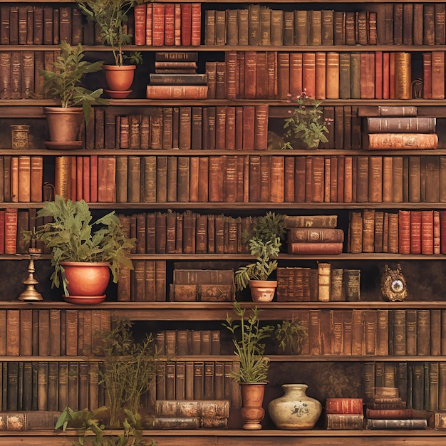 Foto há muitos livros nas prateleiras com plantas neles ai generativa